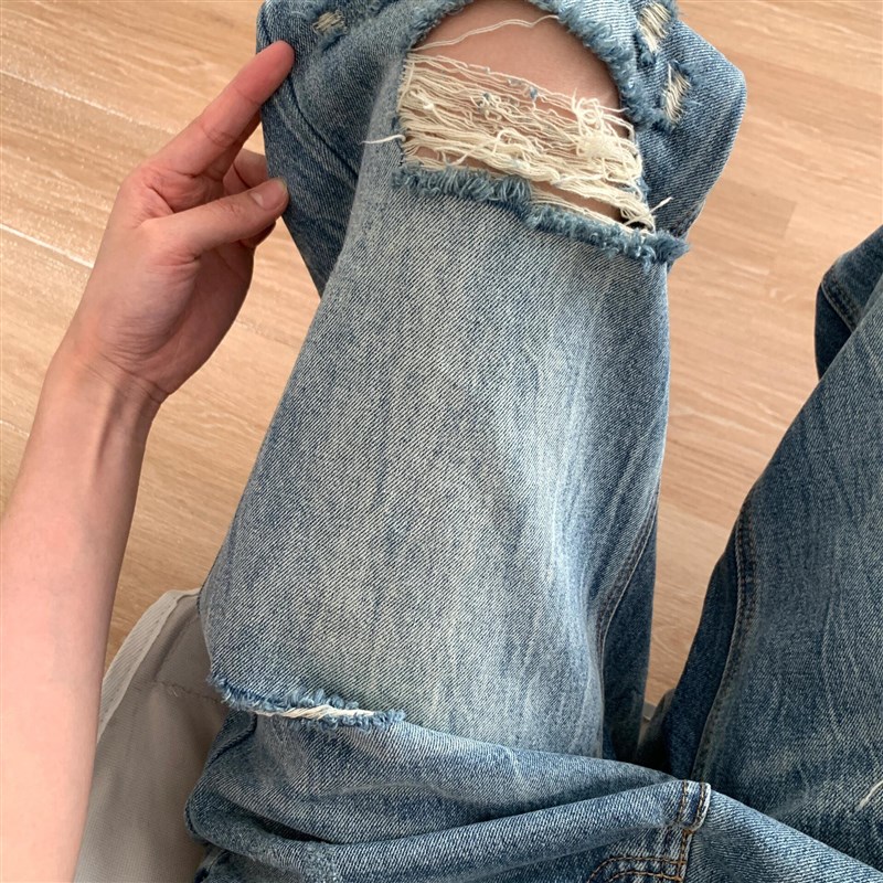 适用美式复古蓝破洞牛仔裤女夏季新款高腰宽M松显瘦直筒裤小个子