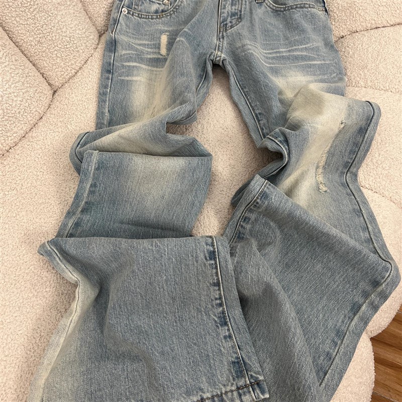 适用设计感浅f色磨破微喇叭牛仔裤女夏季新款中低腰弹力修身显瘦