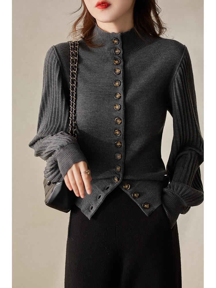 프렌치스타일&가디건 레트로팰리스스타일 버튼플라켓 신축성있는 핏스트립 플리츠소매 슬리밍