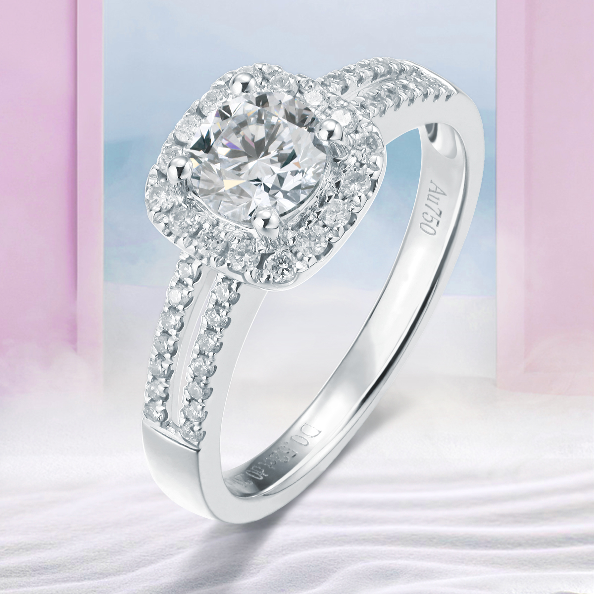 珂兰 白18k金钻石戒指钻戒30分50分豪华群镶t方形双臂求婚戒指女