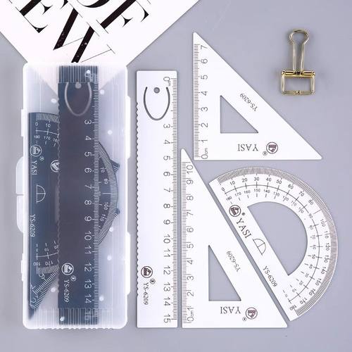 雅思钢铁套尺金属套尺测量绘图四件套尺子钢铁尺子中小学生用可爱三角板量角器直尺套装雅克力金属尺
