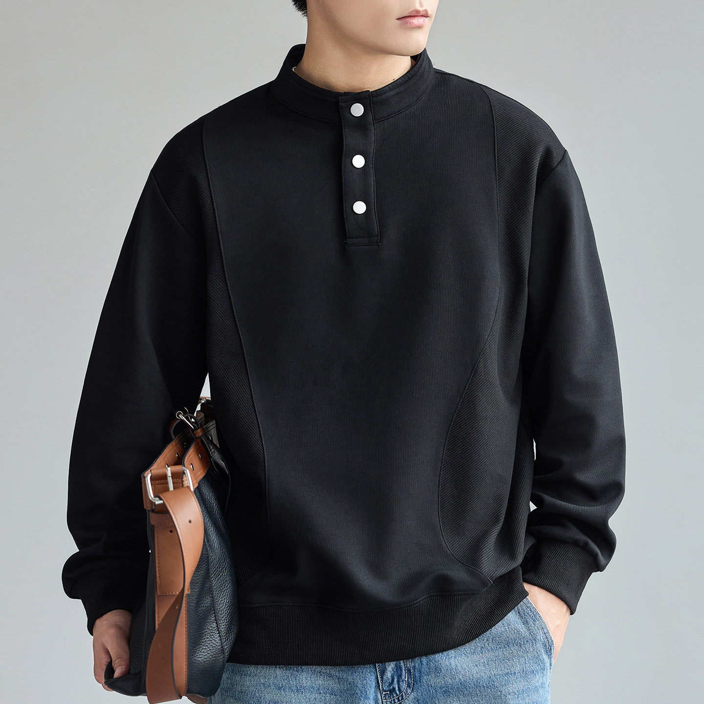 商务风通勤百搭亨利领卫衣男2026早春新款宽松设计感拼接长袖上衣,男装,卫衣,淘宝优惠券,粉丝福利购,淘宝优惠卷