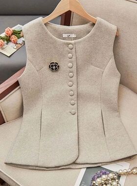 2024春秋新品西装改良小香风毛呢料洋气修身气质外套百搭马夹坎肩