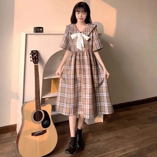胖妹妹mm海军领格子连衣裙少女夏大码女装学生日系宽松收腰长裙子