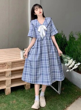 2024新款海军领连衣裙少女夏装初中高中学生学院风日系格子长裙女
