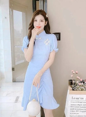 仙女风夏季新款法式修身气质时尚改良版旗袍裙鱼尾透气显瘦连衣裙