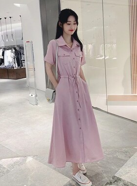 2024系带连衣裙女短袖夏季收腰显瘦休闲气质森系初恋衬衫过膝长裙