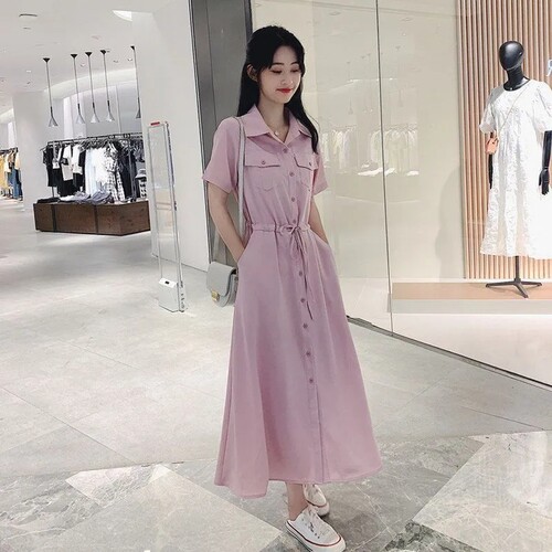 2024系带连衣裙女短袖夏季收腰显瘦休闲气质森系初恋衬衫过膝长裙