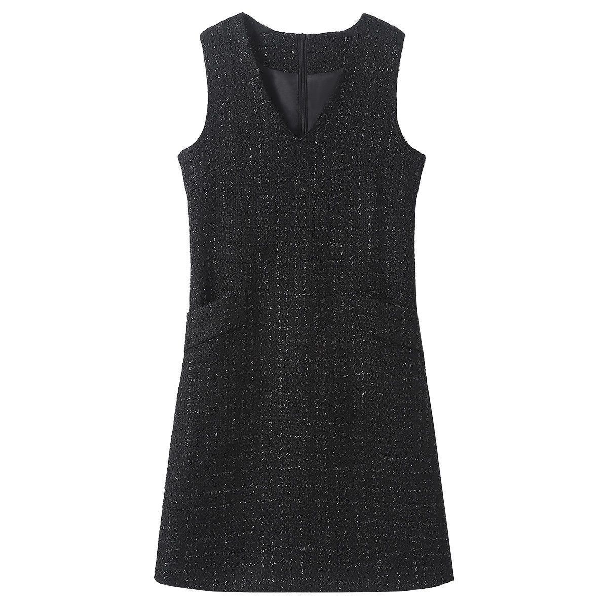 小香风亮丝简约背心连衣裙2025春秋新款减龄通勤无袖V领打底裙子