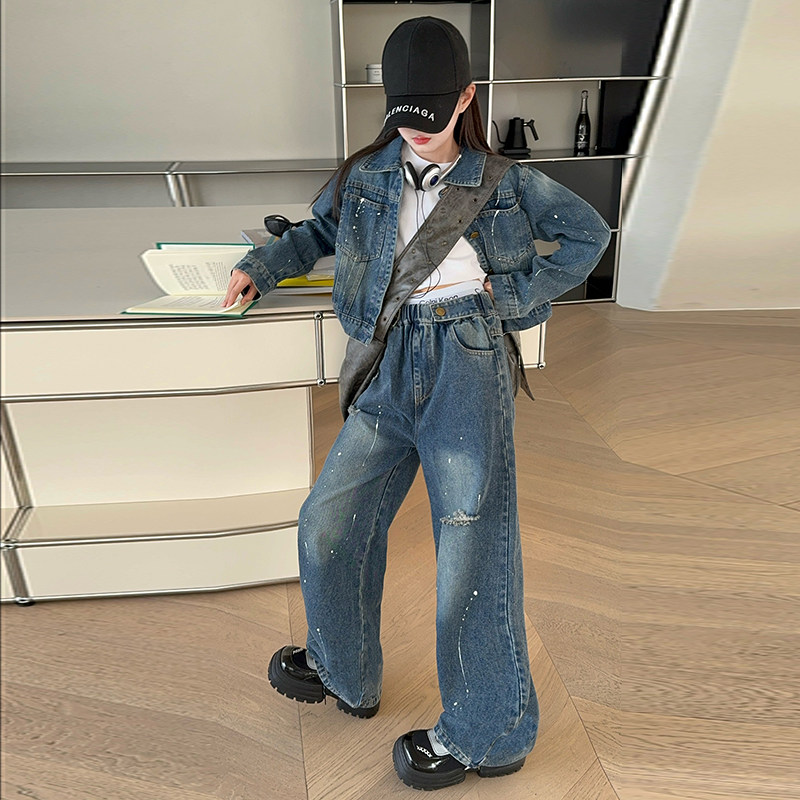 儿童时尚牛仔衣套装2024春装秋新款女童长裤子休闲泼墨外套两件套