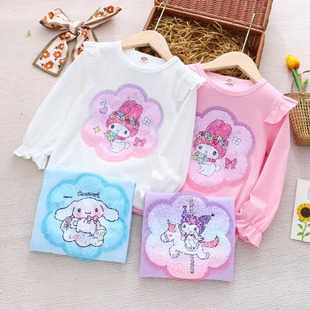 女童长袖T恤亮片变色纯棉打底衫春秋冬季衣服爱莎星戴露公主上衣