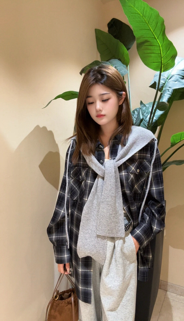 潮牌格纹拼接披肩抽绳帽长袖衬衫女25早秋新款宽松显瘦百搭上衣