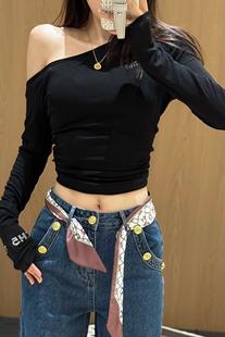 上衣 25秋夏季 字母烫钻一字肩长袖 T恤女面膜t修身 显瘦辣妹百搭短款