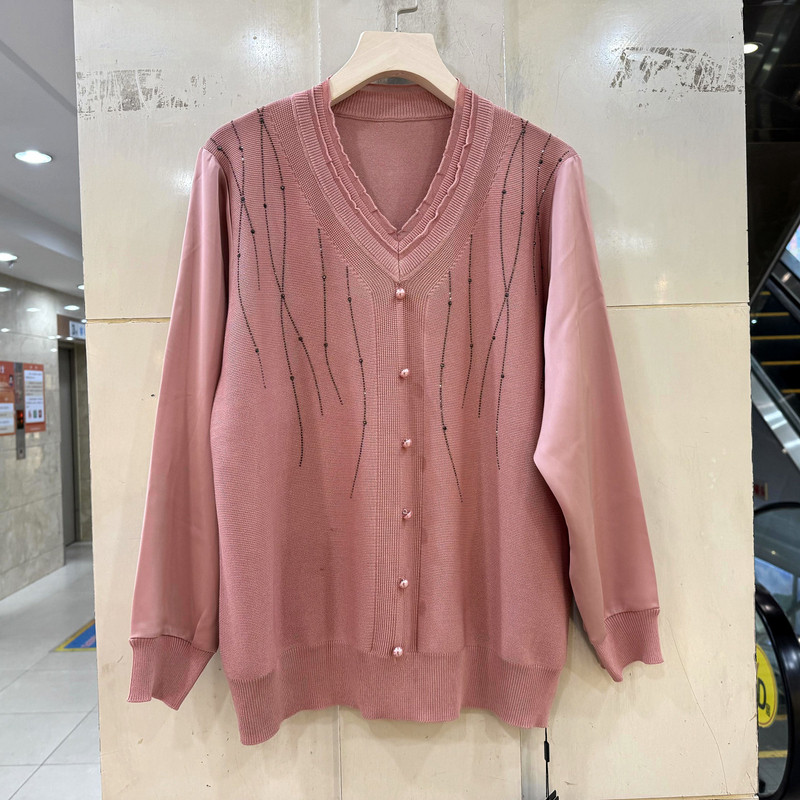 8878 荷叶边V领门禁订珠珠水波纹烫钻缎面拼接袖休闲针织衫上衣春