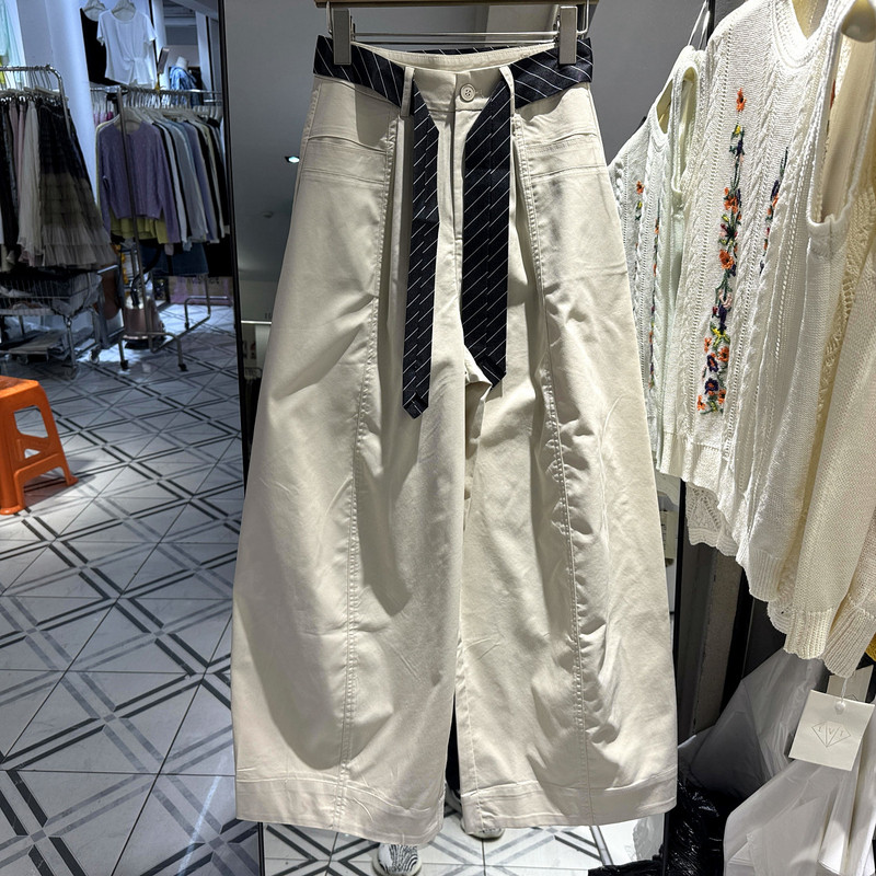 A617 条纹方巾腰带高腰时尚百搭显瘦天丝棉弯刀裤女裤欧洲站夏装