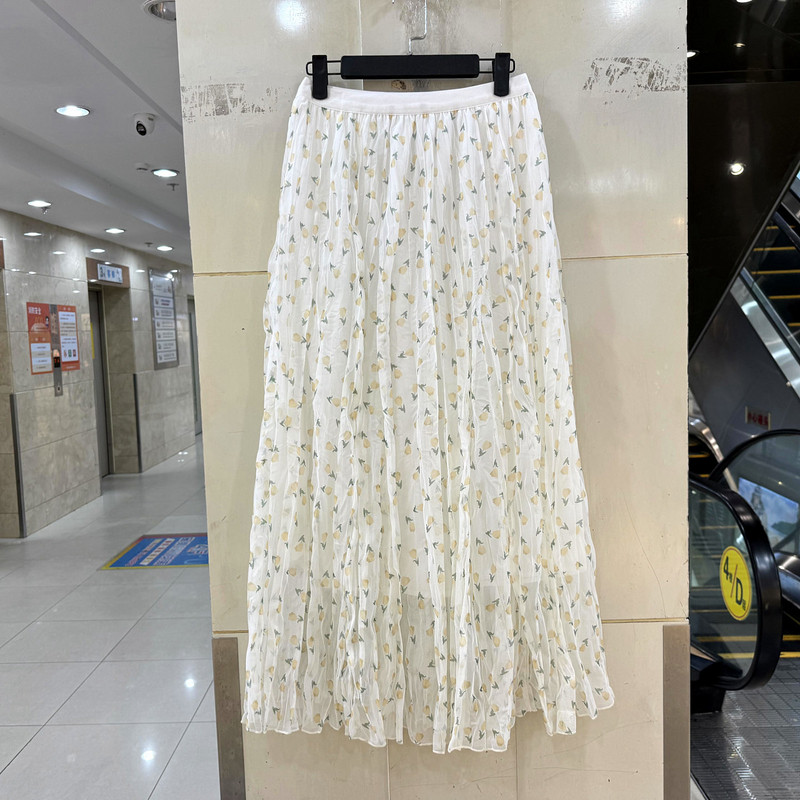 33-8037 时尚松紧高腰小碎花压褶网纱中长半身裙仙女裙欧货春夏