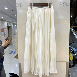 266688 欧洲站春装2026松紧高腰压褶雪纺纱中长半身裙仙女百褶裙