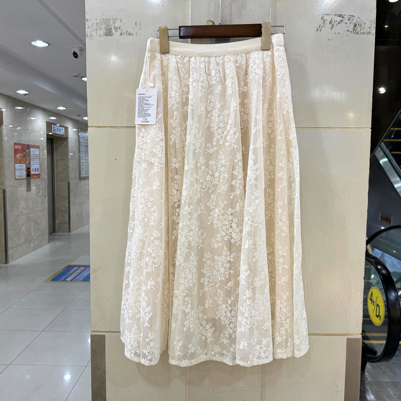 33-8037 欧货春装2026款松紧高腰蕾丝刺绣花网纱中长半身裙A字裙