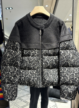 轩轩魅丽依族27-9781 时尚圆领复古花色拼接羊毛呢休闲短羽绒服冬