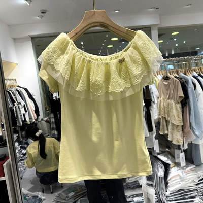 雅琪娜R9165 松紧蕾丝刺绣荷叶边领修身减龄T恤小衫上衣欧洲站夏