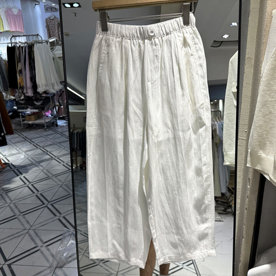 8873 欧货夏装2026新款一粒扣松紧高腰休闲舒适天丝亚麻八分裤女