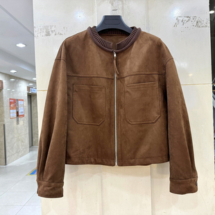麂皮绒夹克外套春装 针织边圆领拉链休闲短装 W3072 英姿俪人26C