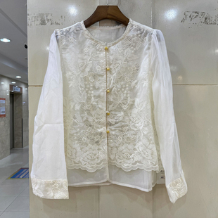 33-T6220 珍珠边圆领亮片蕾丝刺绣花清新减龄国风天丝棉衬衫春装