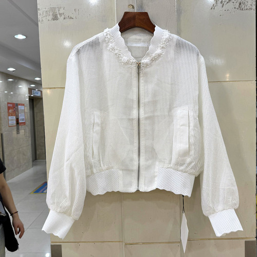 2673 时尚重工订花朵棒球领透气网格休闲短装外套欧洲站春装正品