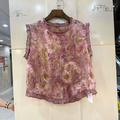 33-3318 时尚木耳花边圆领后单排扣花色无袖马甲衬衣上衣欧货夏装