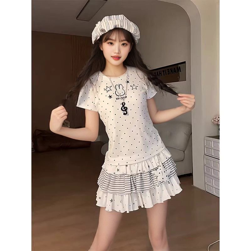 2026夏季新款韩版时尚百搭圆领波点短袖T恤女修身显瘦打底衫上衣t