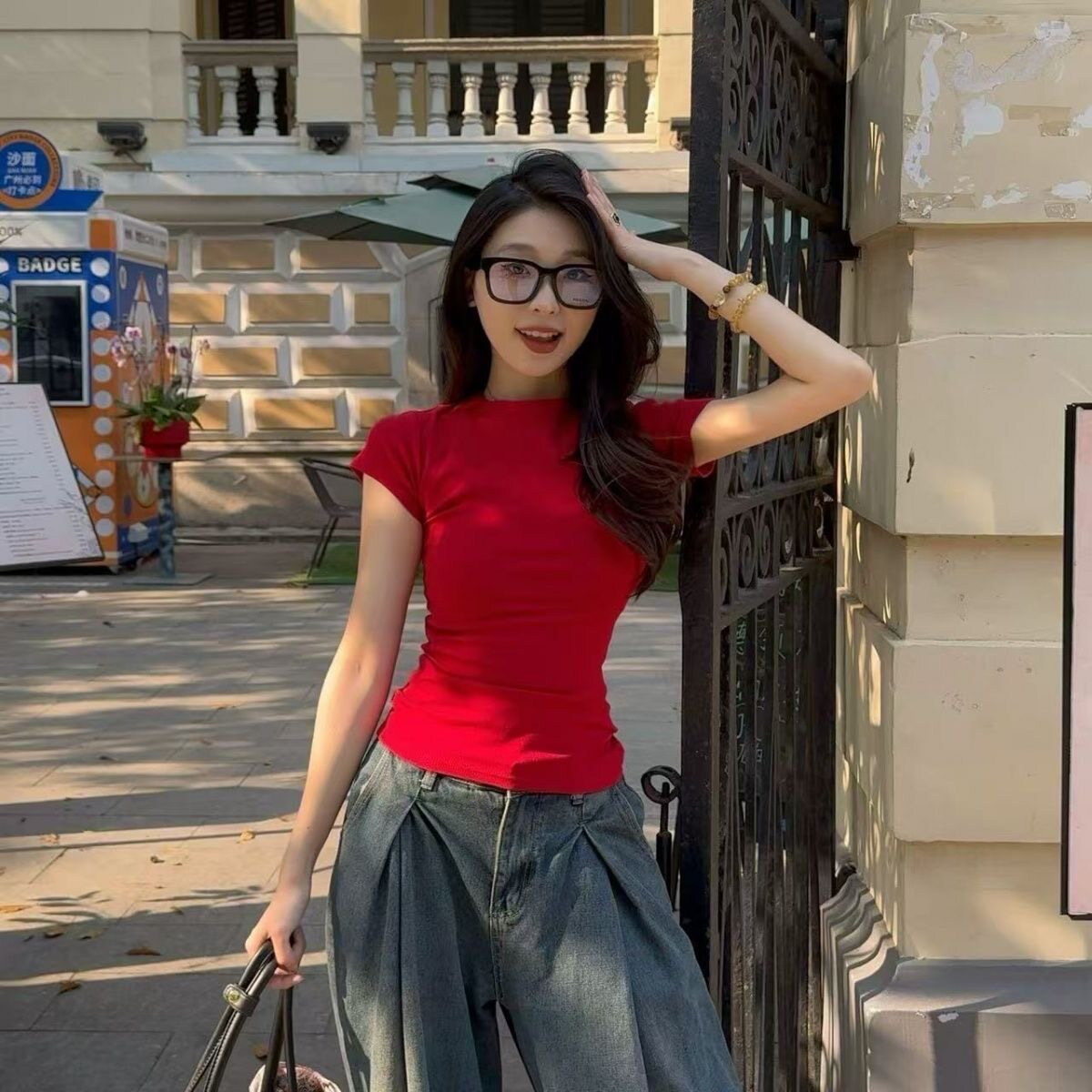 圆领正肩短袖t恤女夏季新款美式复古辣妹紧身显瘦内搭短款上衣ins