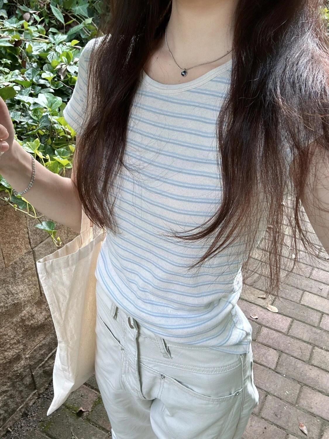 美式甜辣妹条纹短袖T恤女夏季修身显瘦紧身bm正肩短款小众上衣t