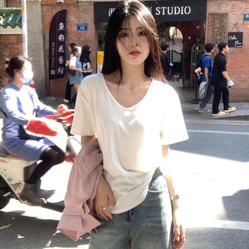 日系百搭韩版时尚宽松简约蓝色v领短袖t恤上衣女基础款慵懒风潮