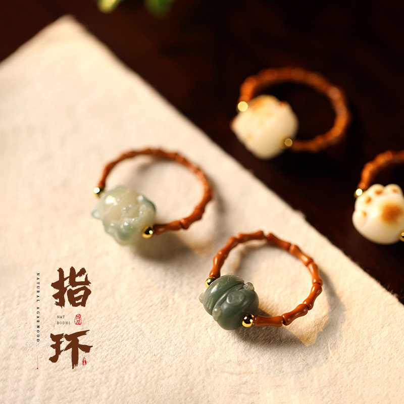 菩提萌宠竹节橄榄核小戒指炭烧小猫爪弹力指环竹节古风小饰品批发