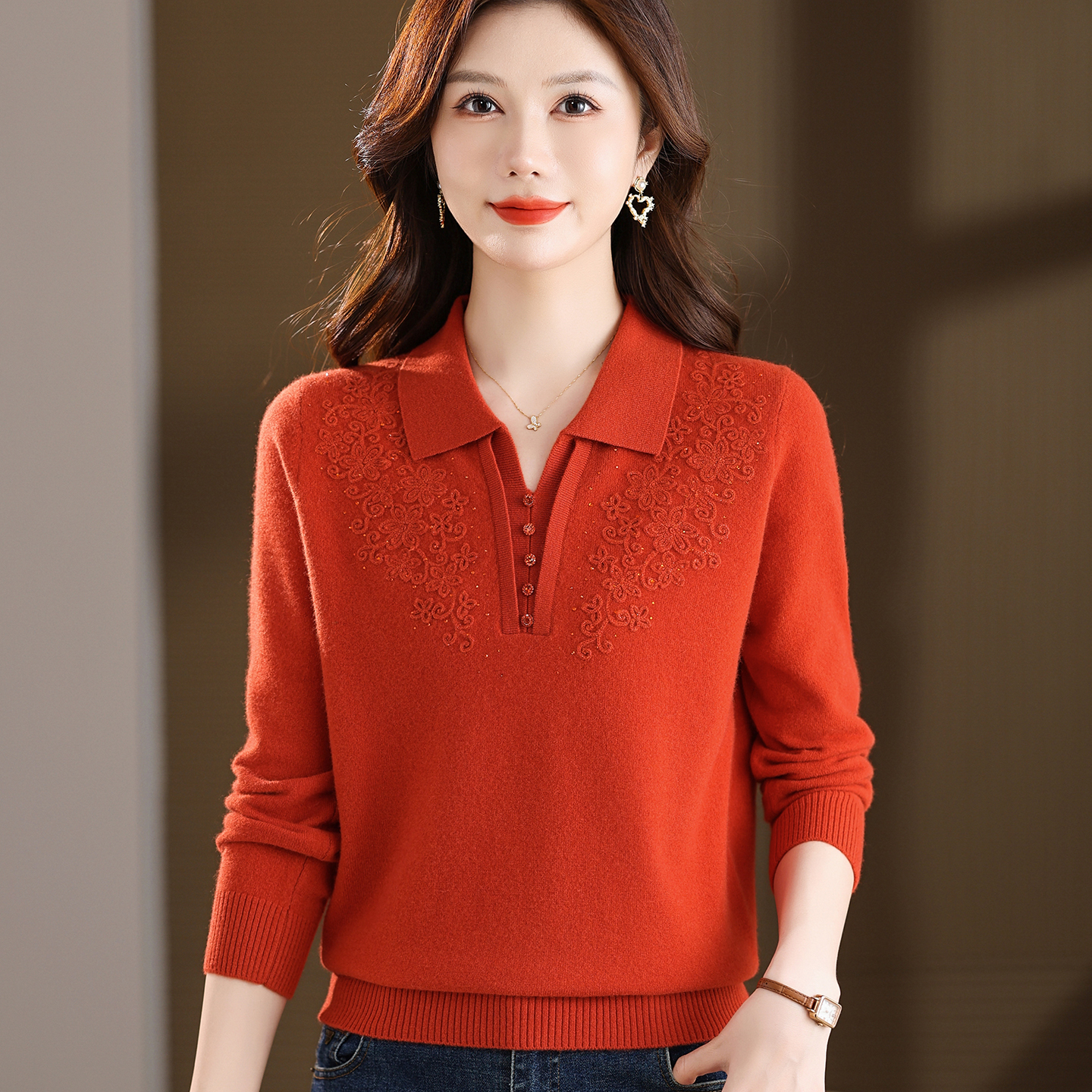 时尚翻领妈妈毛衣中老年长袖上衣