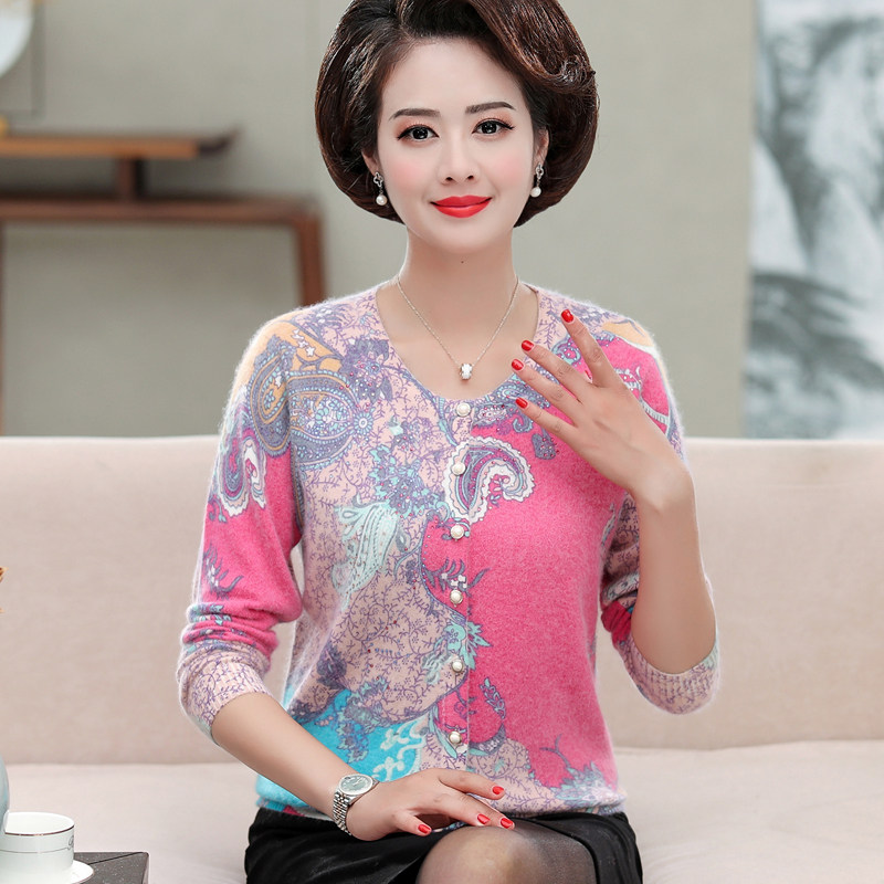 中老年女士洋气针织开衫妈妈装秋冬大码貂绒毛衣外套长袖印花上衣
