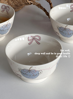 蝴蝶结蓝色苹果陶瓷碗家用ins风高颜值可爱米饭碗汤碗面碗泡面碗