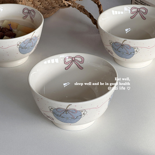 蝴蝶结蓝色苹果陶瓷碗家用ins风高颜值可爱米饭碗汤碗面碗泡面碗