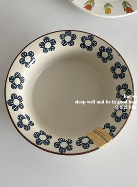 日式手绘藏蓝色小花宽边草帽盘子ins哑光磨砂面复古陶瓷汤饭碗