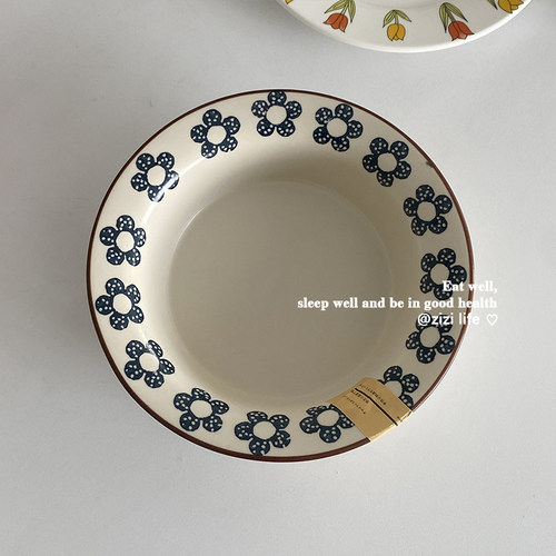 日式手绘藏蓝色小花宽边草帽盘子ins哑光磨砂面复古陶瓷汤饭碗