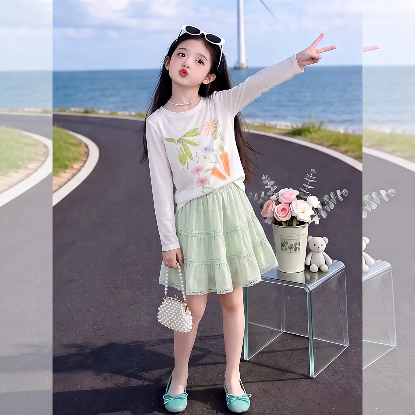 女童夏洋气防晒长袖T短裙两件套