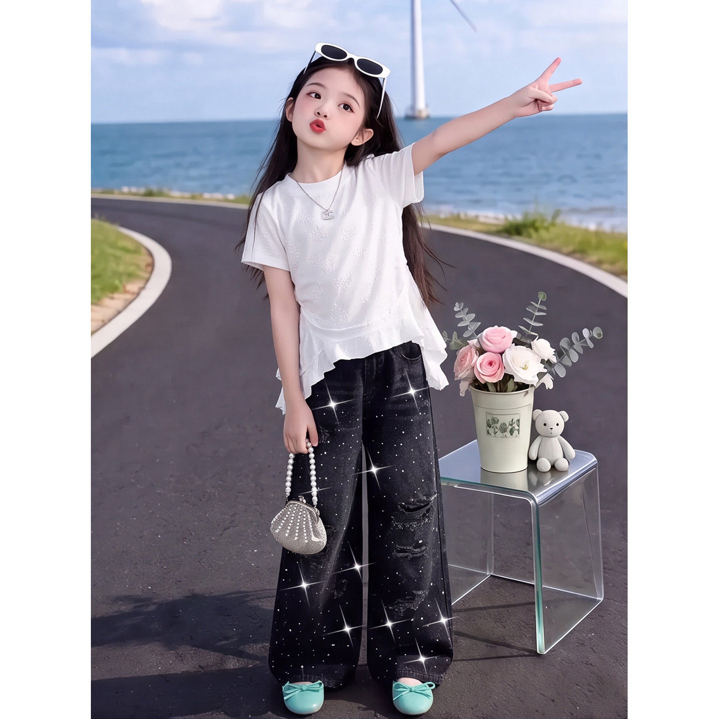 女童白色荷叶边蕾丝短袖2026新款