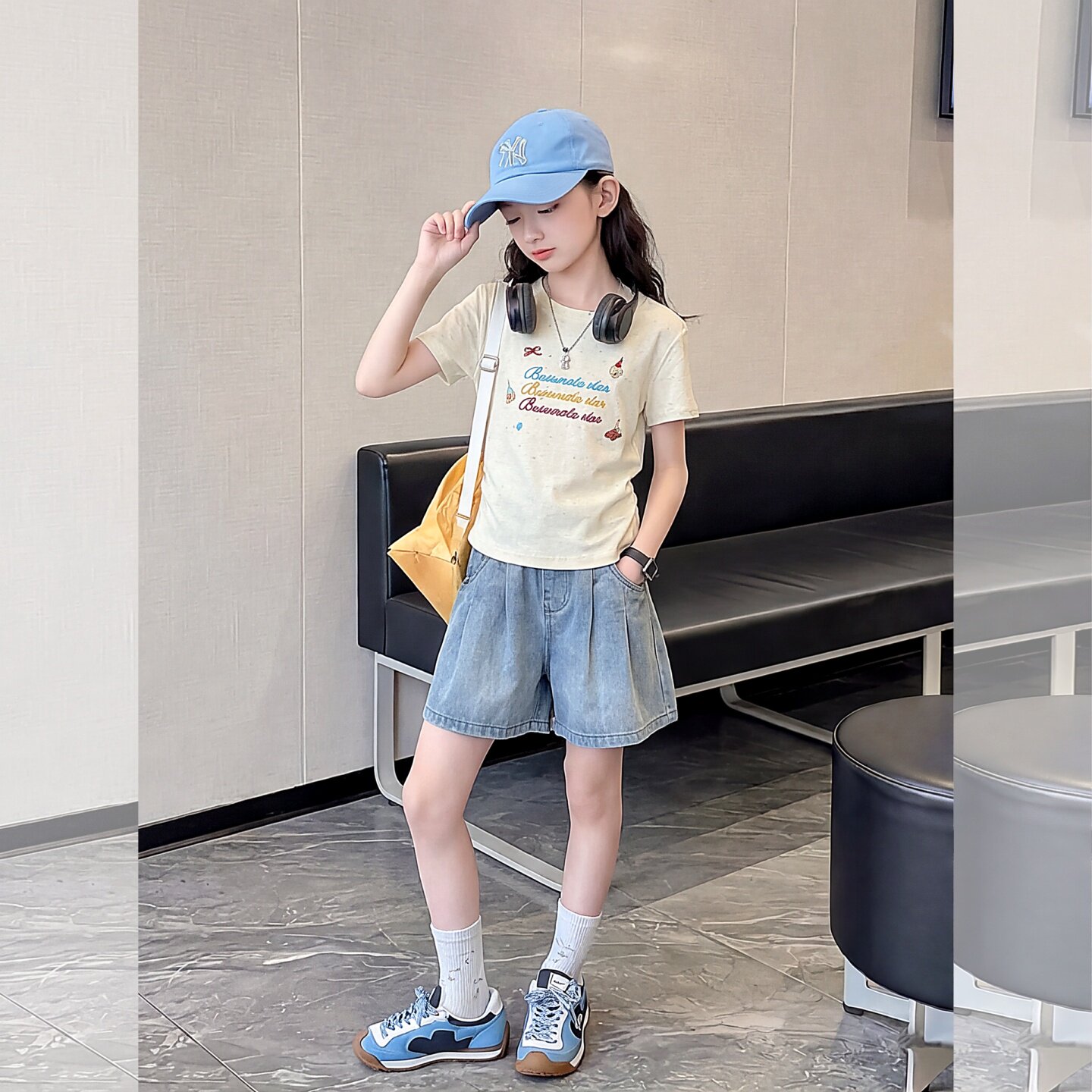 女童夏季短袖上衣牛仔短裤两件套