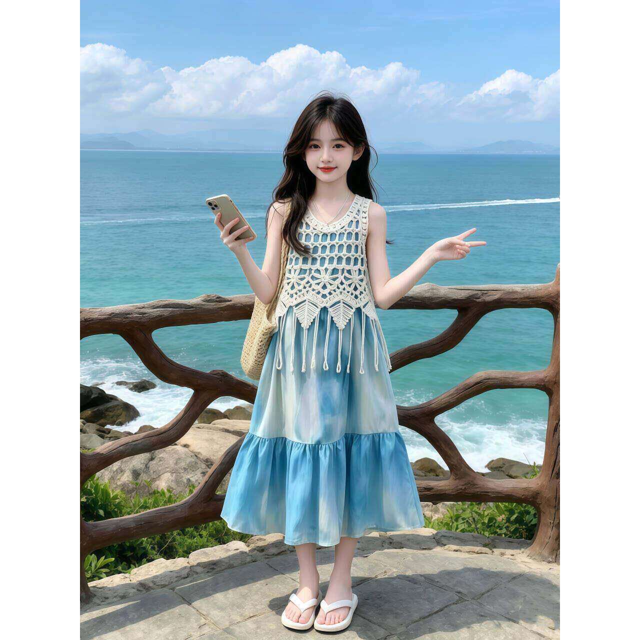 女童夏季超好看度假风连衣裙2026中大童女孩海边沙滩无袖裙子套装