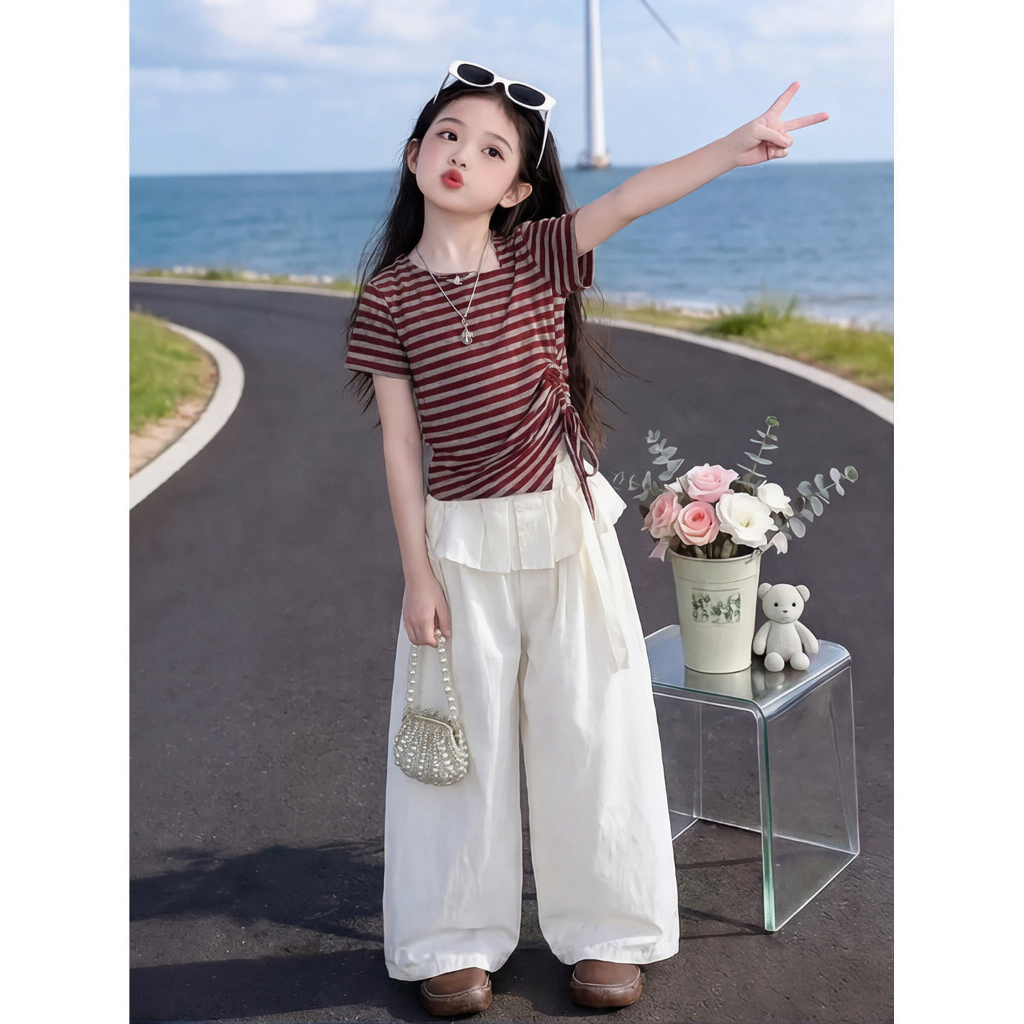 女童夏甜美条纹百搭上衣阔腿裤套