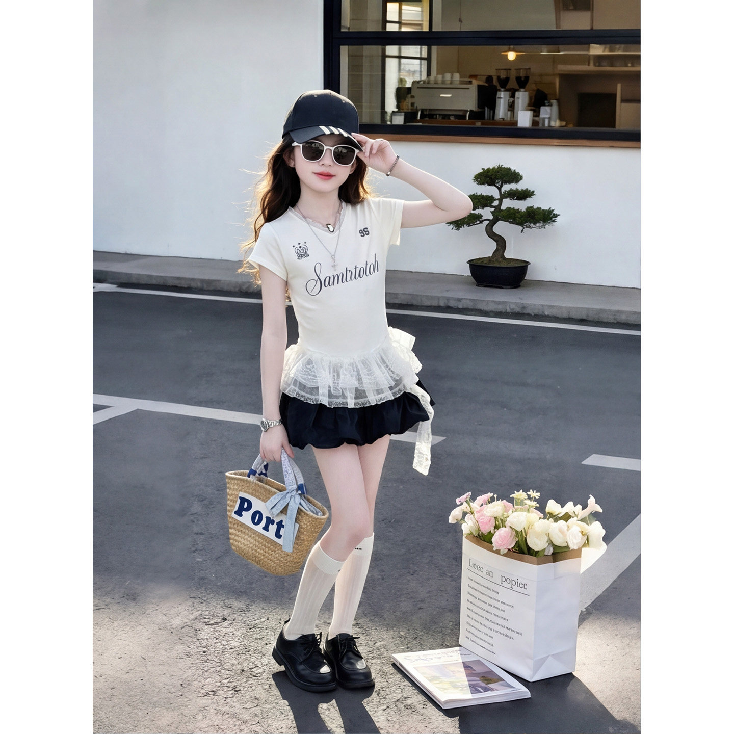 白色蕾丝拼接正肩短袖t恤女童夏季新款修身显瘦美式辣妹甜酷套装