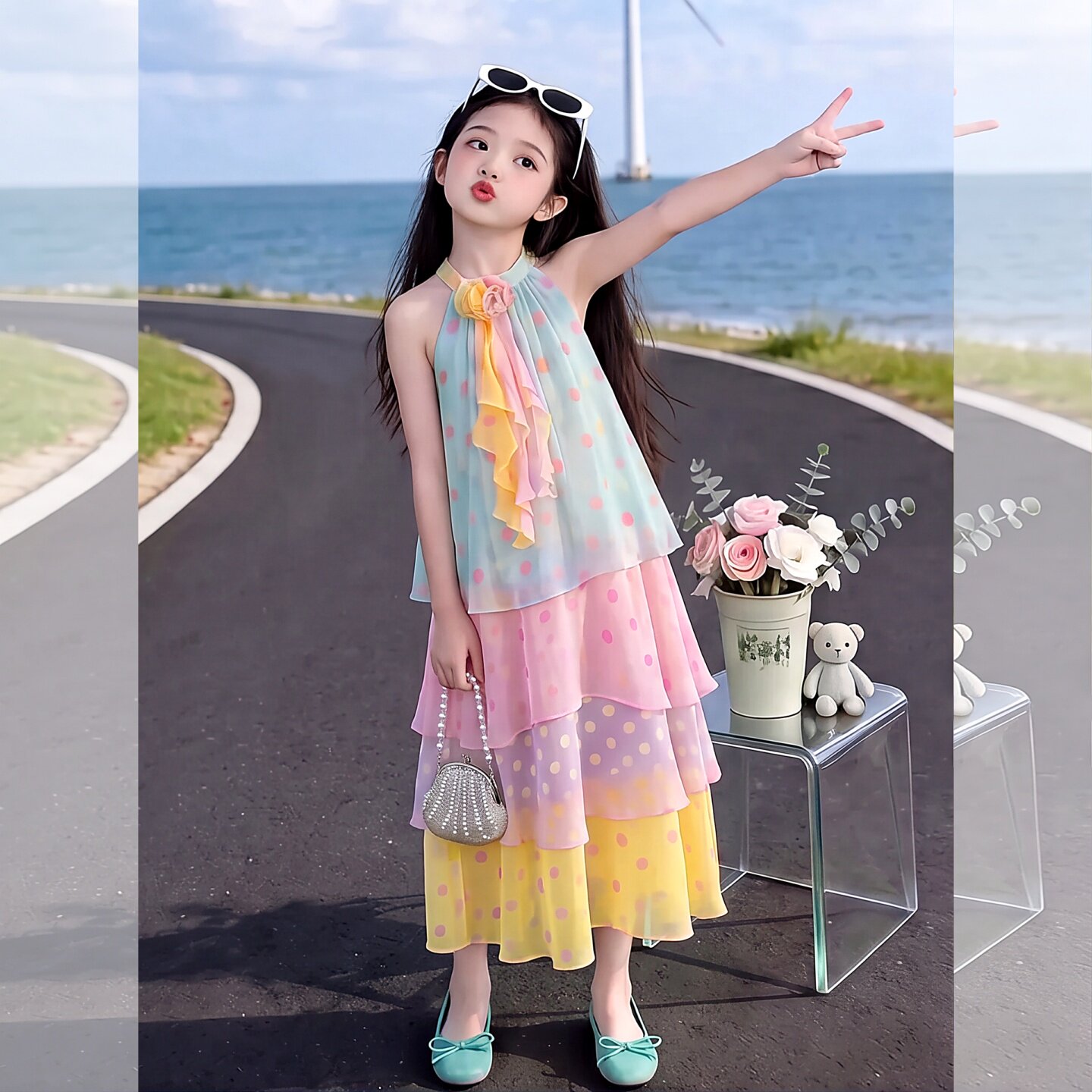 女童连衣裙夏季2026新款儿童彩虹