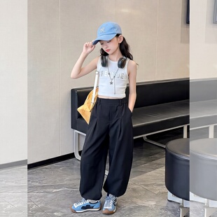 露脐背心装女童爵士舞服装少儿棉背心黑白裤萝卜裤嘻哈街运动套装