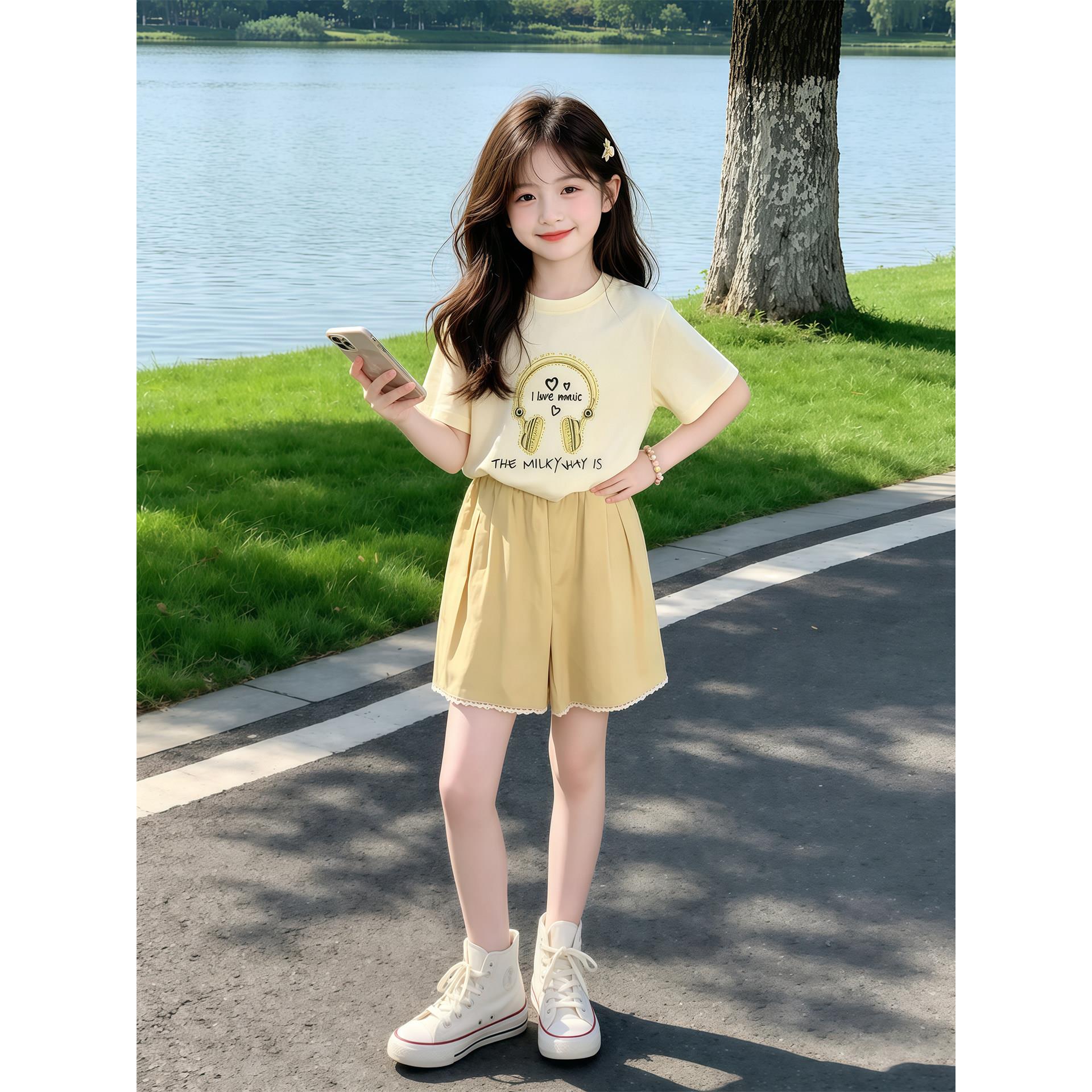 女童夏季休闲套装2026新款儿童洋气印花短袖女孩夏款短裤两件套潮