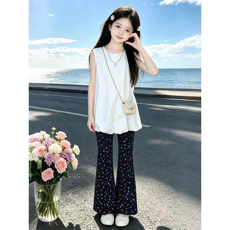 女童背心套装夏季2026新款儿童休闲夏装女孩碎花喇叭裤两件套洋气